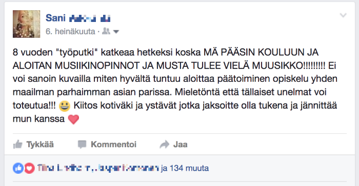 emjoy koulu sani pääsee opiskelemaan musiikki muusikko